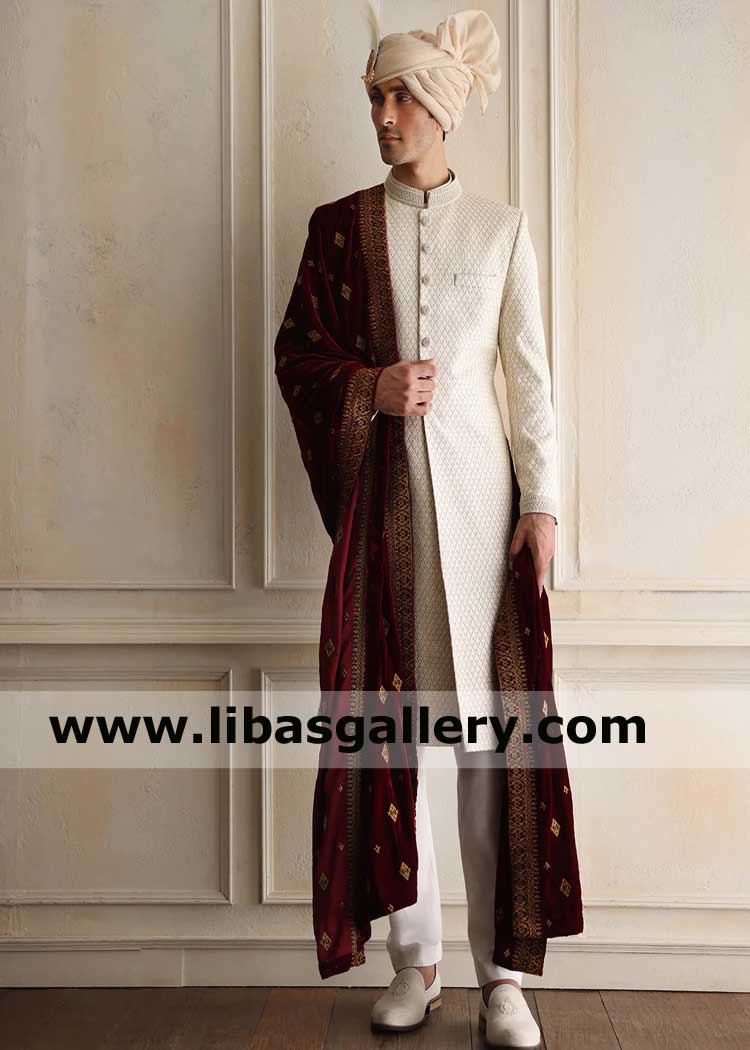 Wedding sherwani light beige embroidered for Men Nikah Barat Day paired with inner suit buy Sherwani with Turban Velvet Shawl and Matching Shoes Sugarland Texas California Chicago USA