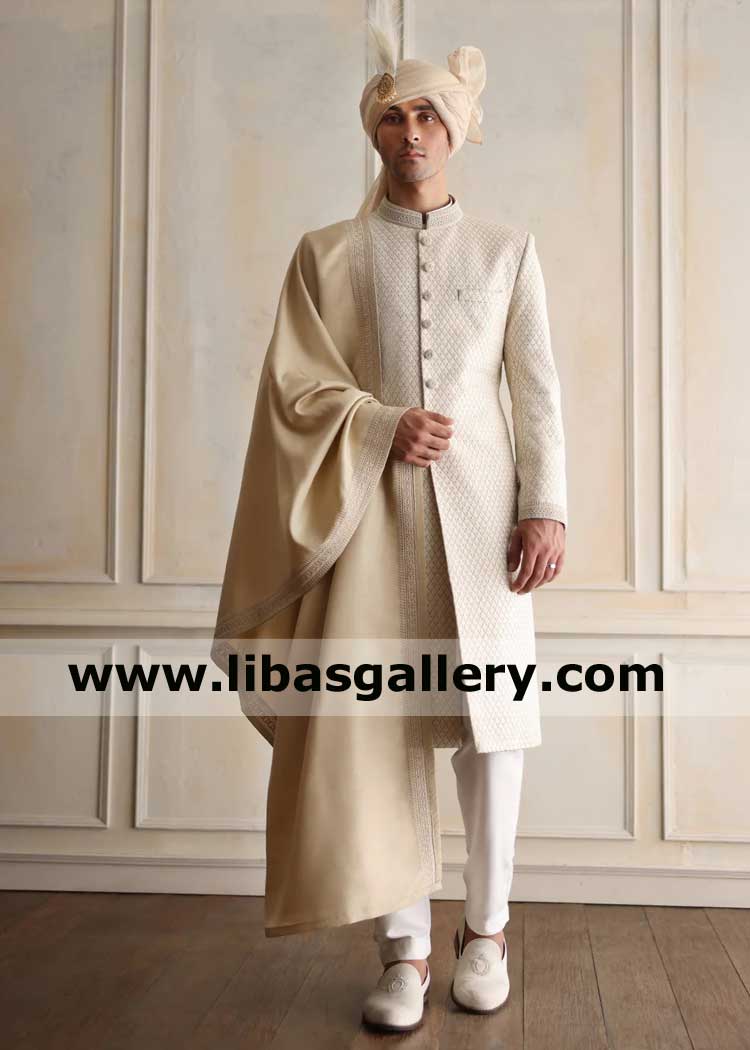 Men Embroidered Nikah Barat Sherwani in Beige with Matching Embroidered Shawl Matching Shoes Turban with Kalgi and Inner Colchester Eastbourne Exeter Rotherham UK