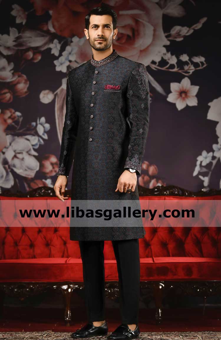 Black Embroidered Men Wedding Sherwani Style Shahzad Noor wearing with superb embellished collar and cuff inner suit included Colorado Springs Goodyear USA