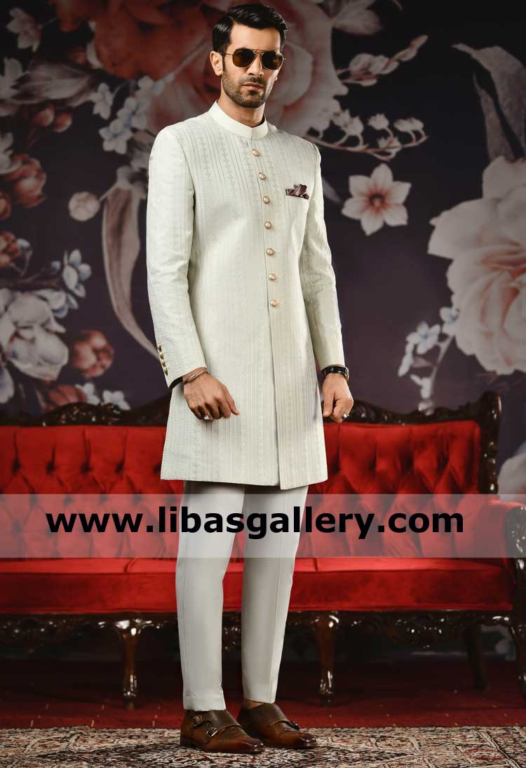 Shahzad Noor in Exquisite Off White Self Design Men Wedding Sherwani Style with matching Trouser and Kurta Fast stitching delivery Tampa Fresno Unalaska USA