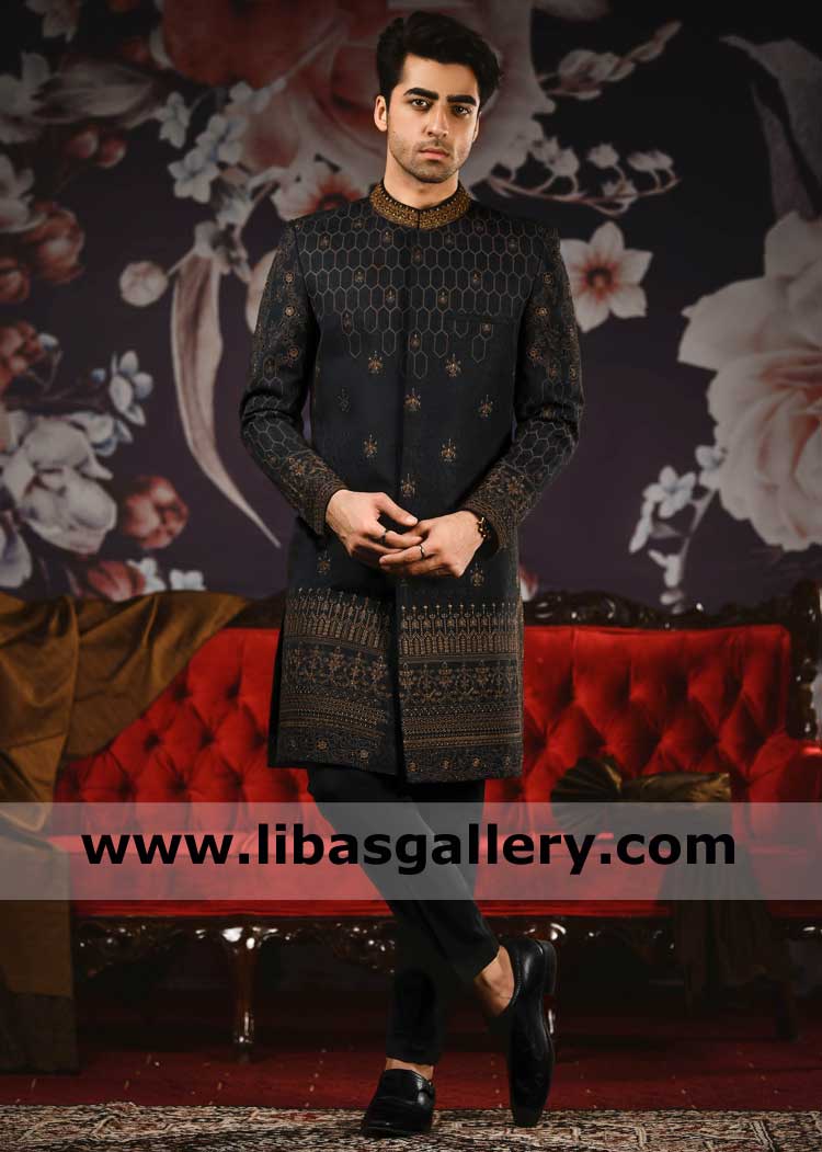 Black and Gold Men Embroidered Stylish Pakistani Sherwani Article antique gold embellished collar embroidery on front Cleveland Independence Fremont USA