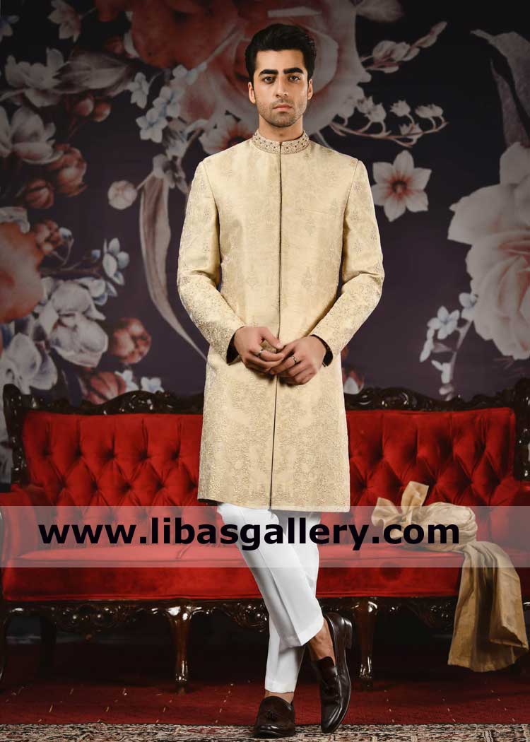 Indo Western Style Gold Jamawar Men Marriage Sherwani suit with embellished collar and white trouser Brooks Calgary Edmonton Canada