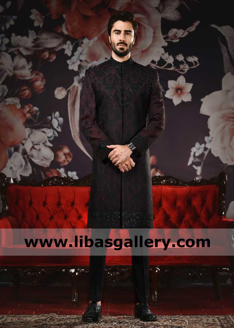 Maroon Men Wedding Sherwani with Top Quality Black beads kora stones Material hand Embellishment on front sleeves panel daman hem Dubai Qatar Australia