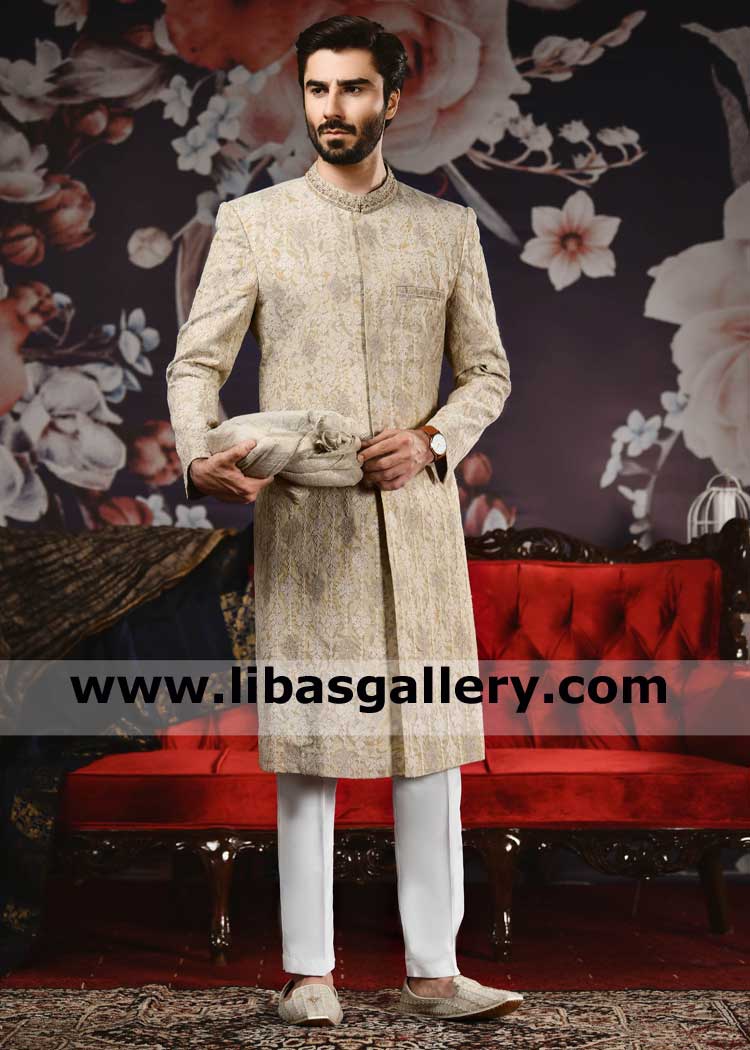 Men embroidered wedding sherwani with hand embellished collar by kora beads stones compliment with off white kurta pajama UK USA Dubai Canada