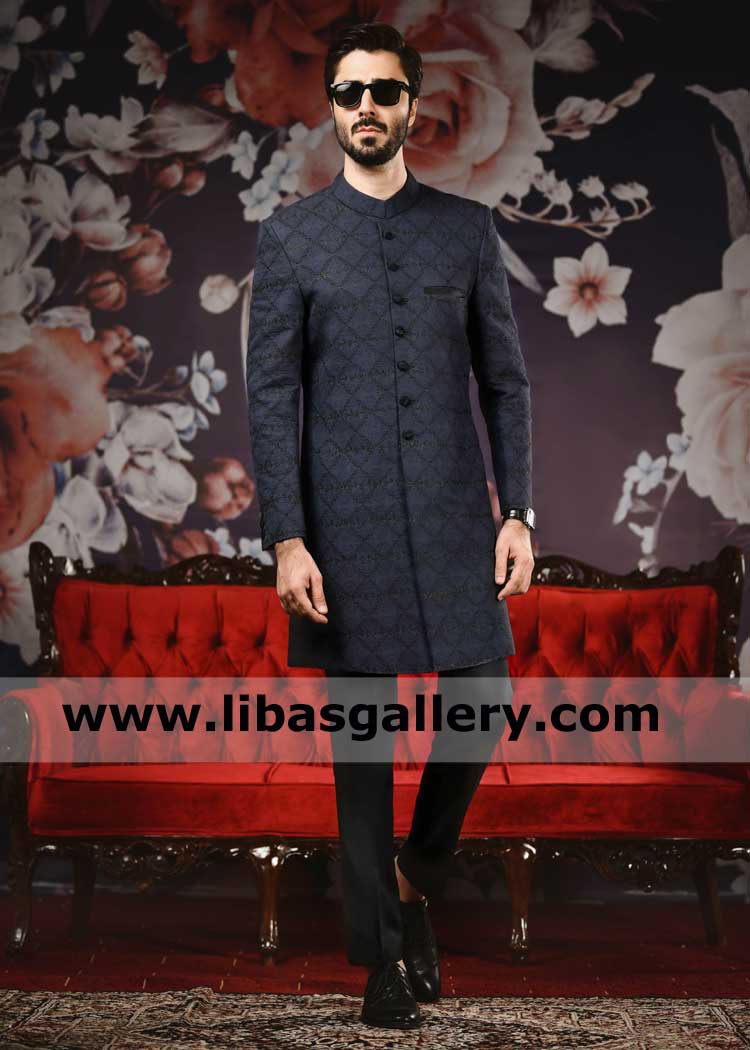 Men Embroidered Wedding Sherwani suit Geometrical Pattern for Nikah Rukhsati Happy Event paired with Black pants and kurta California Virginia Indiana USA