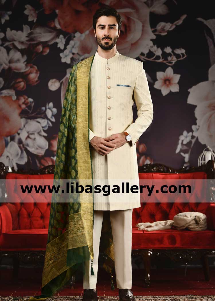 Beige Blended Fabric Men Wedding Sherwani Article for Marriage Nikah day happiness add jamawar shawl with achkan to look smart on barat time UK USA Canada