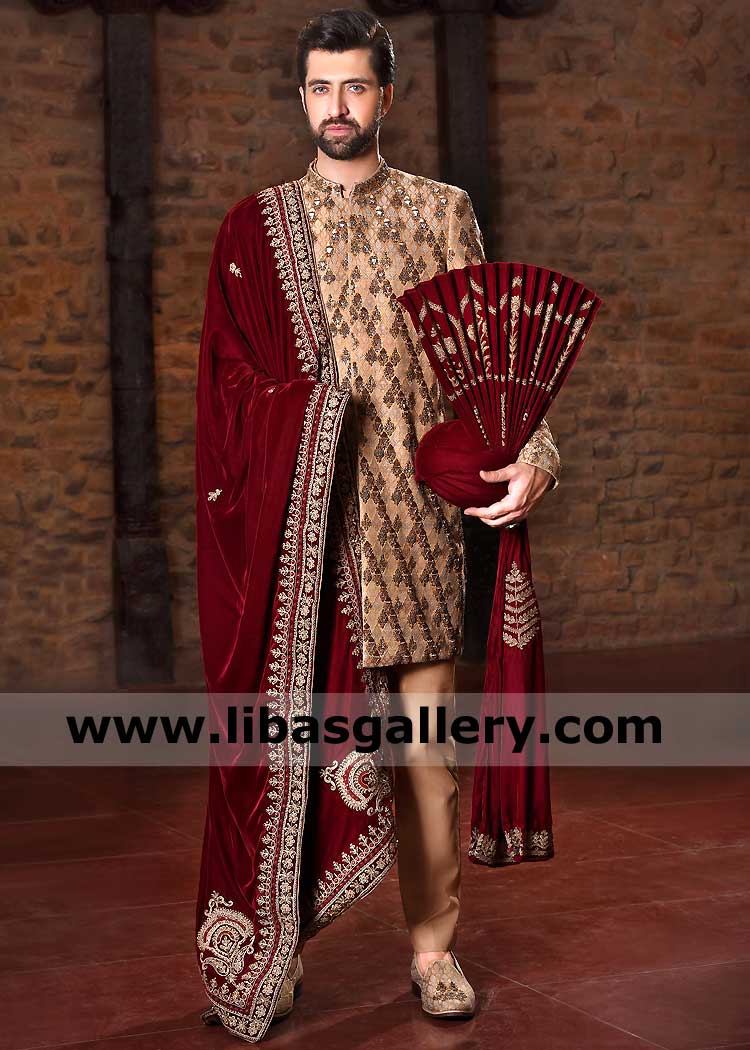 Gold Metallic Men Wedding Sherwani with Glittery hand Embellishment Maroon Kulla and Maroon Velvet Embroidered Shawl south carolina,nebraska,arkansas