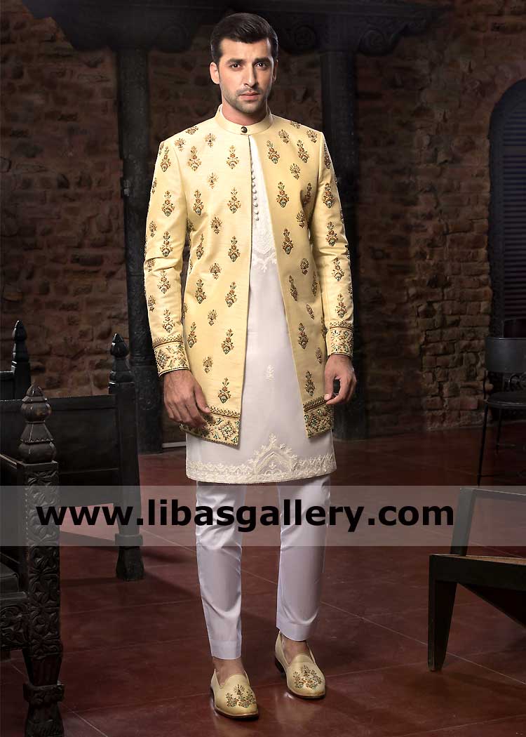 Men Pastel lemon Raw silk Block Print hand embellished Sherwani Article for Nikah Barat with off white Inner kurta Trouser Wisconsin Maryland Washington USA