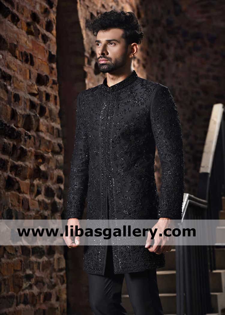 Short length Raw silk Black Heavy thread Embroidered Men Nikah Barat Wedding Jacket with hand embellishment by kora beads stones Connecticut Puerto Rico USA