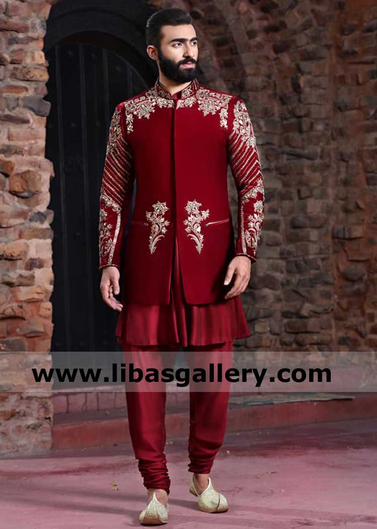 Short length Indo western style Vibrant Maroon Men Wedding Jacket heavy embellished front sleeves collar shoulder front frock style kurta churidar turban UK USA Canada