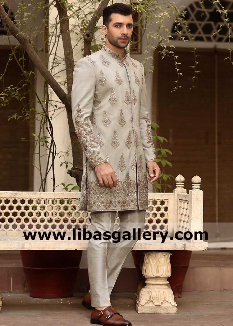 Munsif ali khan Gray Raw silk classic short length Men hand crafted wedding jacket for Nikah and Engagement day with matching pants Dubai France UK Canada Australia