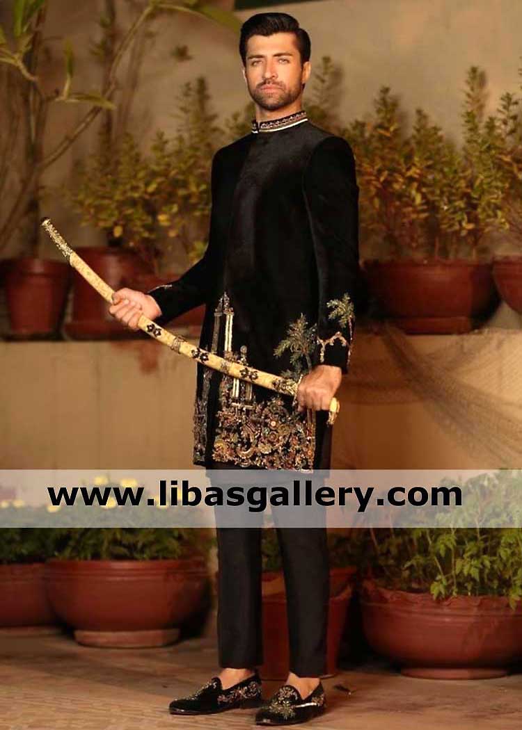 Aimal khan in Black Pure Velvet Mughal Architectural Motifs Short length Men Sherwani with Raw silk kurta churidar pajama for Nikah Plymouth New york Sydney Dubai Toronto