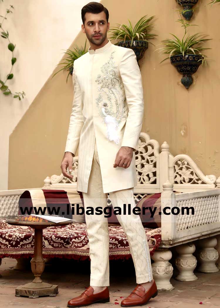 Men Cream hand Embellished kora dabka Short length Nikah Jacket with matching pants for Nikah Ceremony in Banquet Hall Saudi Arabia Dubai Qatar Oman