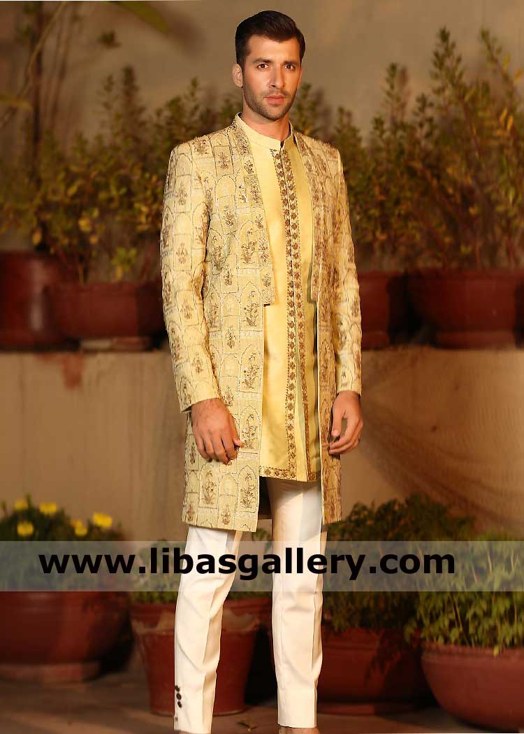 Men Pistachio Green Front Open Sherwani with delicate embellished lapel with intricate embellished material underneath mid thigh coat UK USA Canada