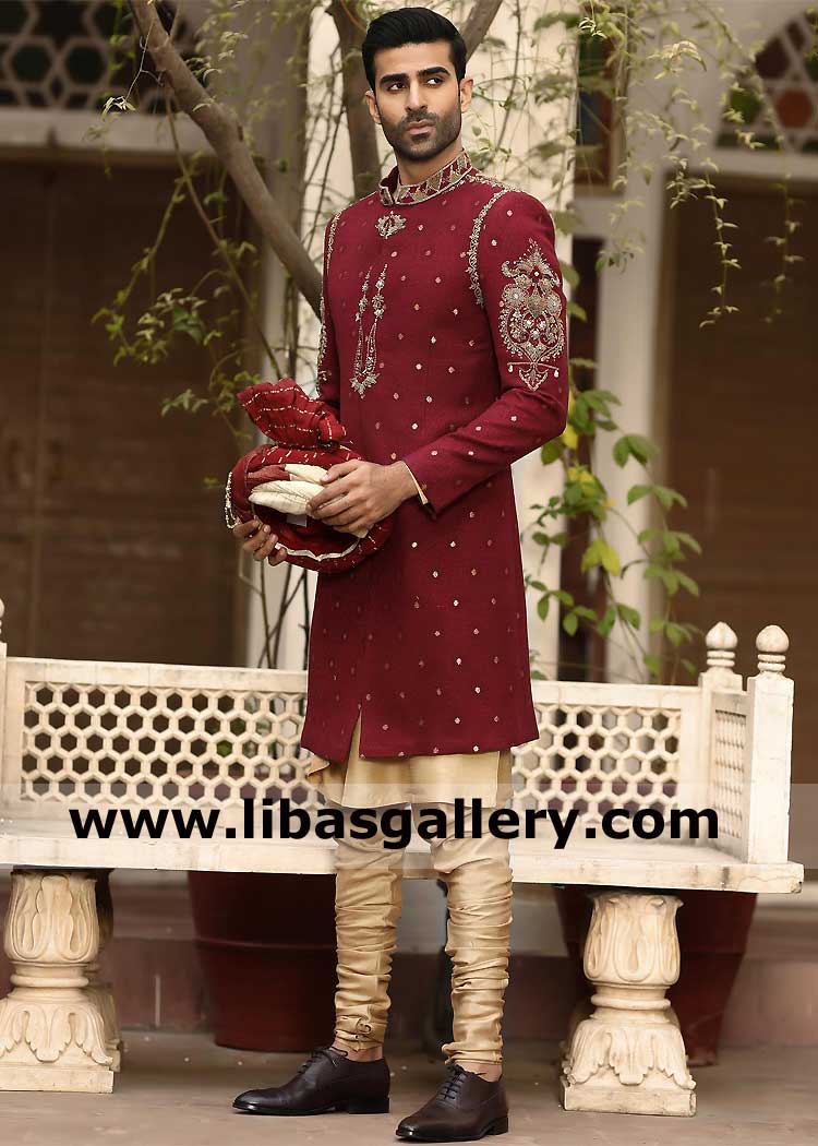 Luxurious Men Maroon Sherwani Short length in Karandi intricate hand Embellished for Nikah with Matching Turban Australia New zealand France