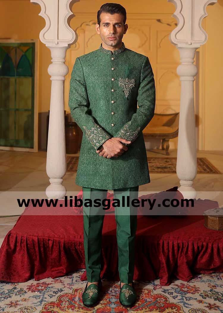 Regal Emerald Green Nehru Style Jacket self Embroidered for Men Engagement and Walima with matching pants UK USA Australia Canada Dubai