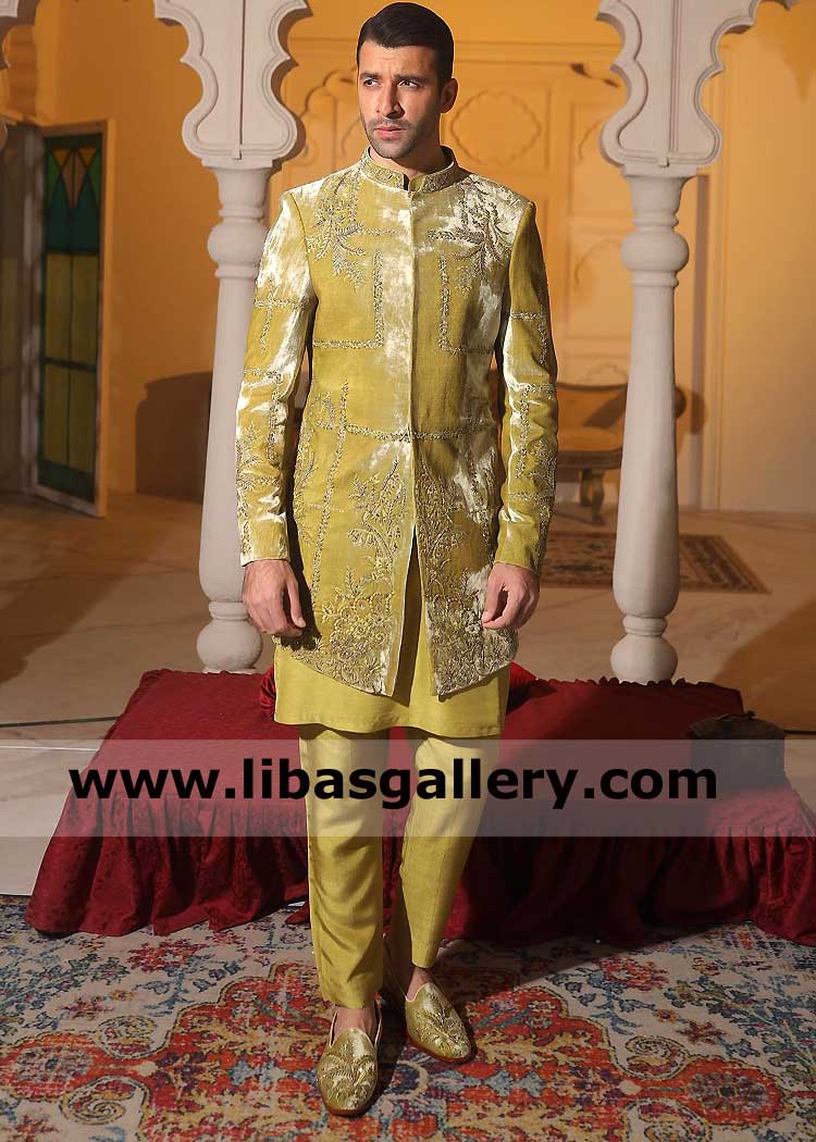 Exquisite Pumpkin Green Velvet Nehru Jacket hand Embellished for Men Marriage Event with Geometric and Floral Motifs London Birmingham Liverpool UK