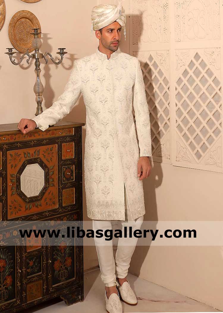 white Short length hand Embellished Motifs Groom Nikah Sherwani with Inner Jamawar turban shoes West Virginia Hawaii New Hampshire USA