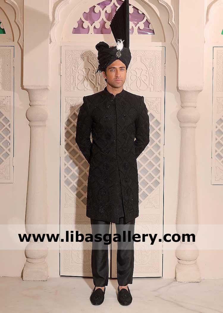 Black Pakistani Men hand Embellished Motifs Nikah Barat Marriage Sherwani Latest Design fast delivery worldwide with inner Turban shoes Singapore New Zealand USA UK