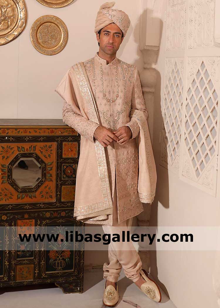 Rose Gold Maharaja Embroidered Men Wedding Sherwani hand crafted premium Attire for Groom Signature Shoes Inner and Turban Australia France UK USA