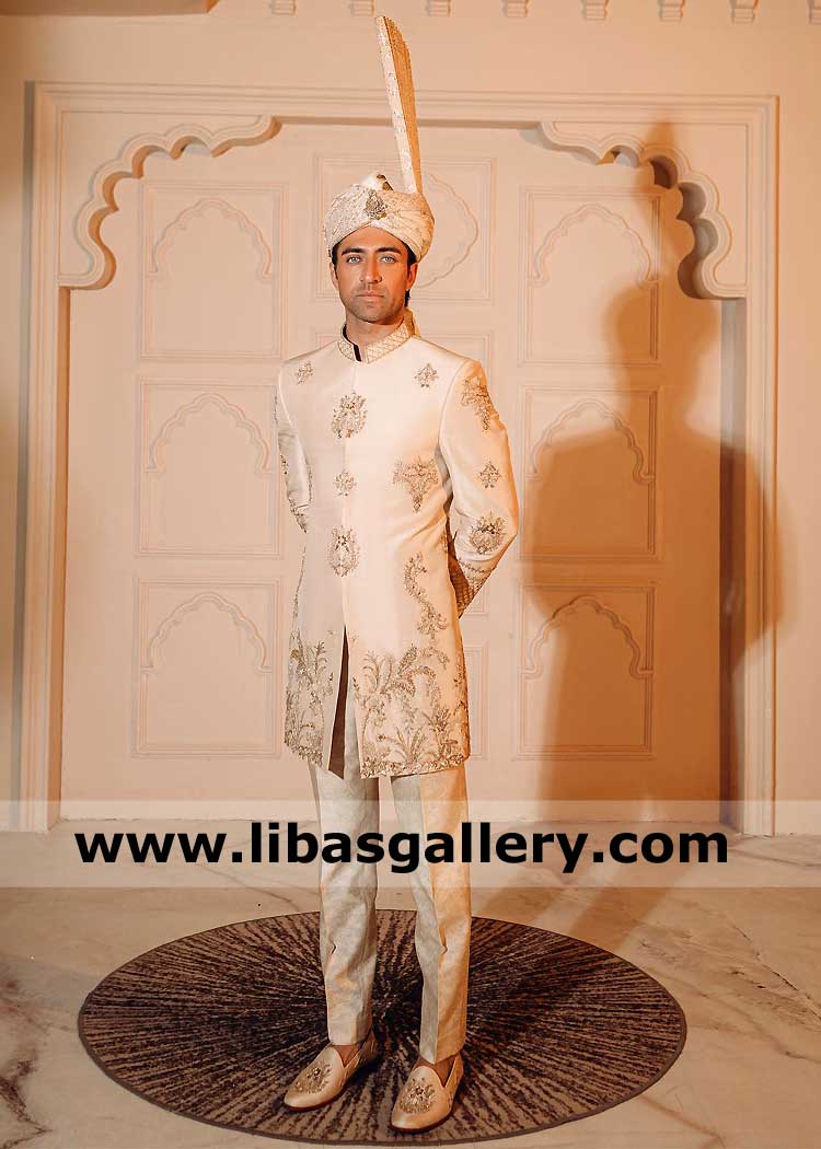 Magestic Beige Short length Pakistani Men Raw Silk Wedding Sherwani hand embellished Pants Turban Embellished matching Shoes for Nikah Glasgow Leicester Edinburgh UK