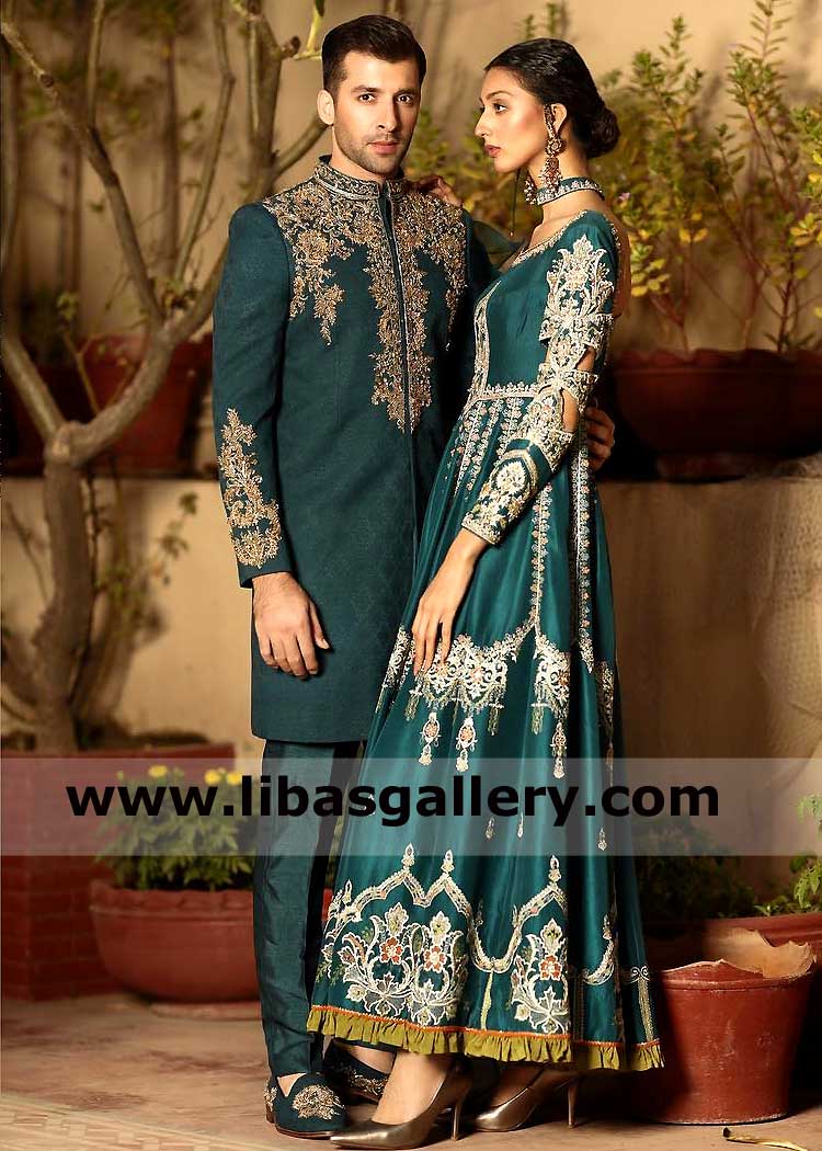 Aqua Deep Sea Green Wedding Attire latest collection Pakistani Men Short length Sherwani Antique Gold hand embellishment  Missouri New York Georgia USA