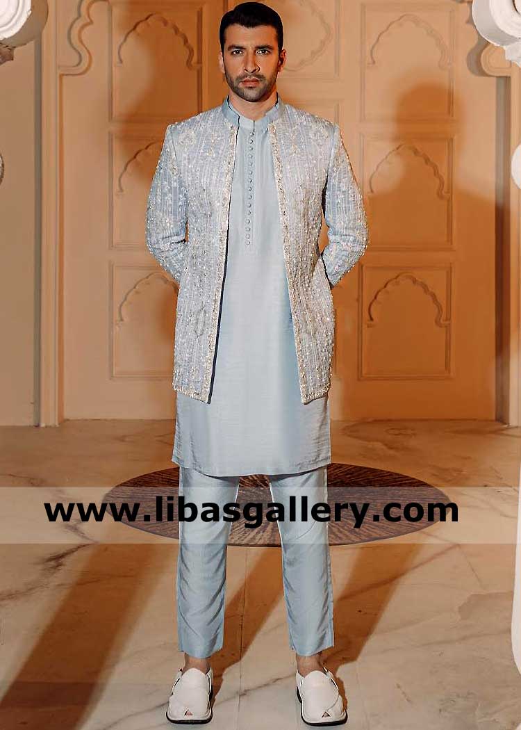 Wedding Attire for Men Nikah Barat latest Collection Embroidery detail with Mirror work on Front open Moon Stone Sherwani short length UK Qatar USA Australia