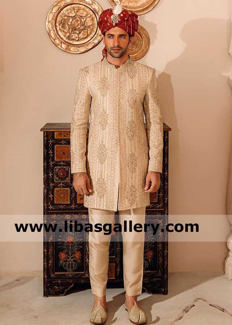 Pakistani Royal Embroidered Sherwani for Nikah Ceremony Swarovski Crystal Dabka kora hand embellishment matching inner suit shoes contrast turban UK USA Canada Dubai