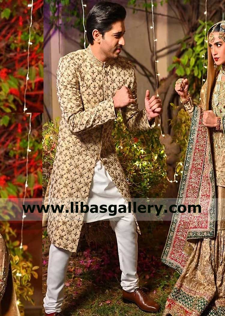 Talha Chahour Actor in Gold Embellished Latest Men Nikah Wedding Designer Sherwani Article with matching Turban and off white inner kurta churidar UK USA Canada Dubai