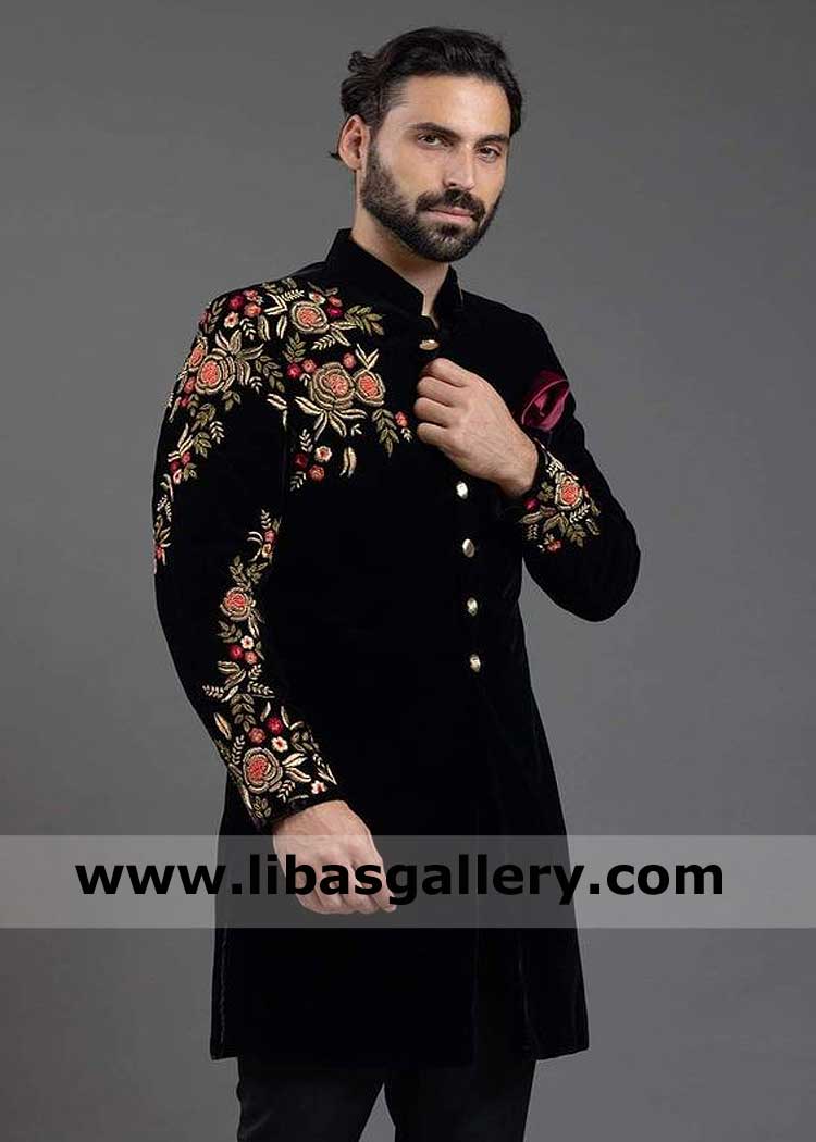 Men Velvet Black sherwani with matching inner and colorful embroidery on front roight panel and sleeves by thread Sugarland Texas California USA