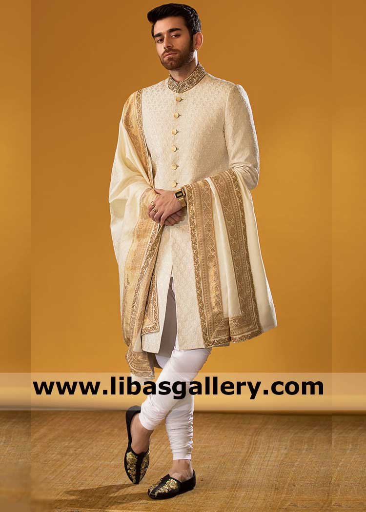 Men Off White Marriage Sherwani with shawl Heavy Embroidered with Inner suit and Beautiful Gold Hand Embellished Collar Perth Sydney Brisbane Australia