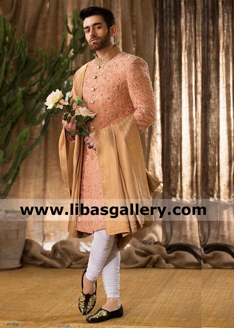 Exclusive Burnt Sienna Men Sherwani embroidered with inner suit and Embroidered Shawl for Nikah Barat day Dubai Abu dhabi Sharjah UAE