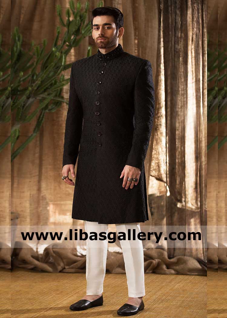 Men Black Classic Embroidered Sherwani Style with Block Design hand embellished kora dabka stones sequins thread collar and inner suit included Germany France Qatar Saudi Arabia
