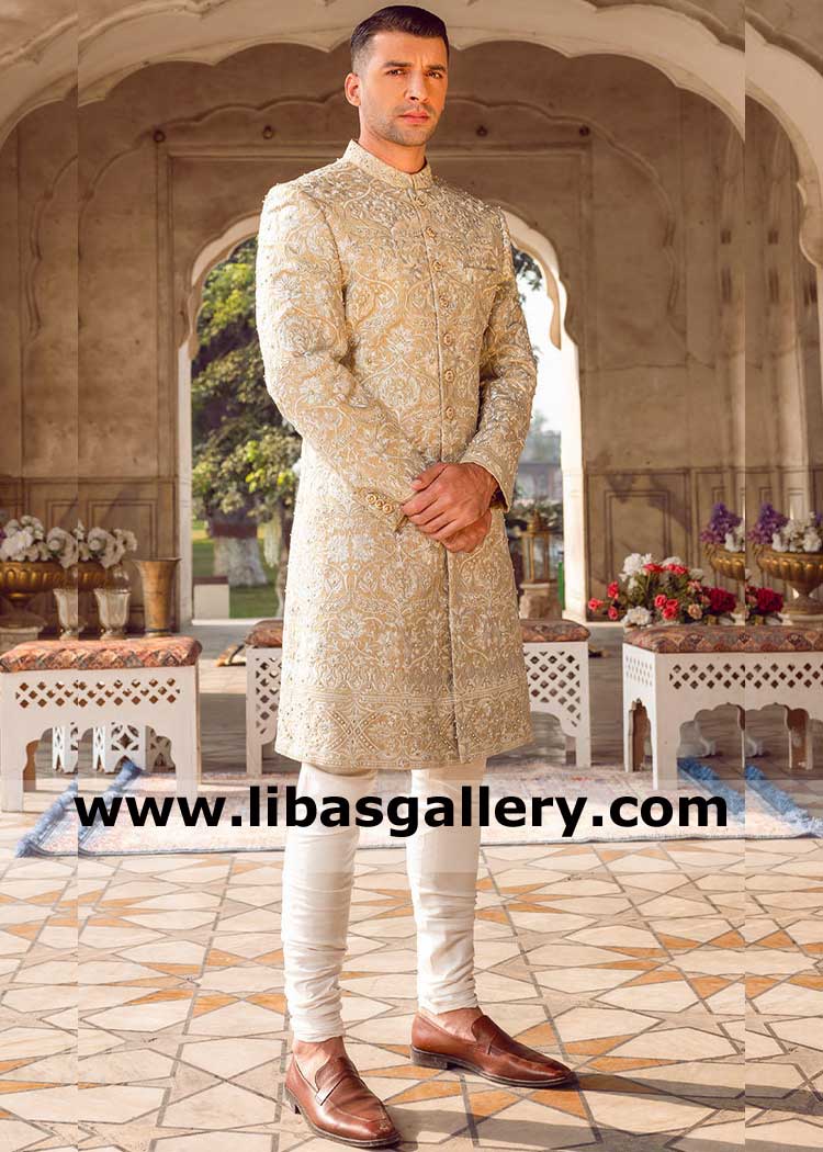 Men Sherwani Fawn Base with White thread Embroidery and Pearl Detail true fit for all Marriage Event Nikah Barat Groom Paris Leon France