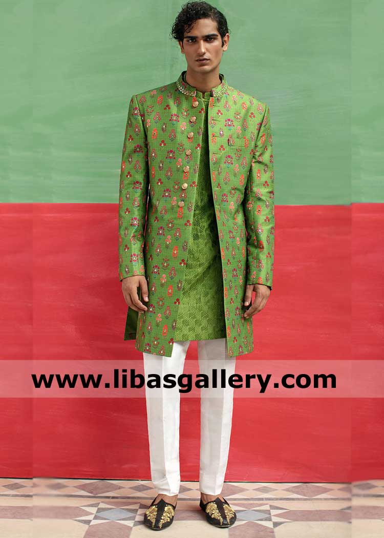Open Style Men Sherwani in Green with Mirror work detail on Front Sleeves and Collar paired with matching color inner kurta and white pajama Qatar Saudi Arabia Dubai