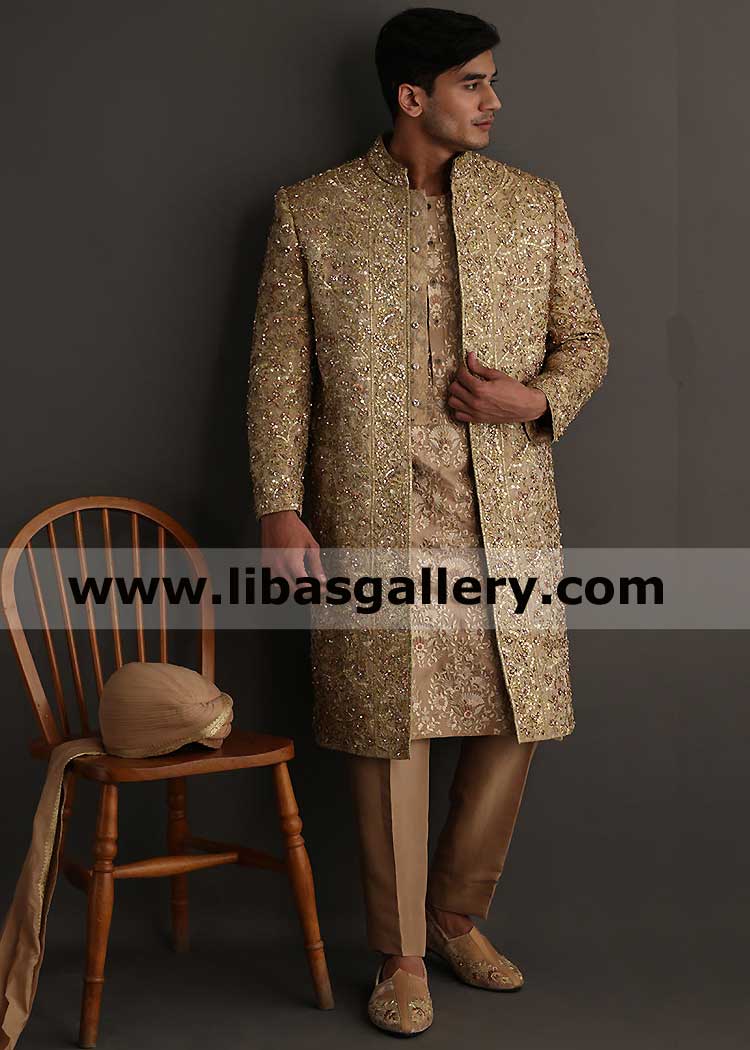 Regal and Glitzy Open Style Rose Gold Embellished Men Wedding Sherwani Suit for Nikah Barat with turban matching and inner Auckland New Zealand