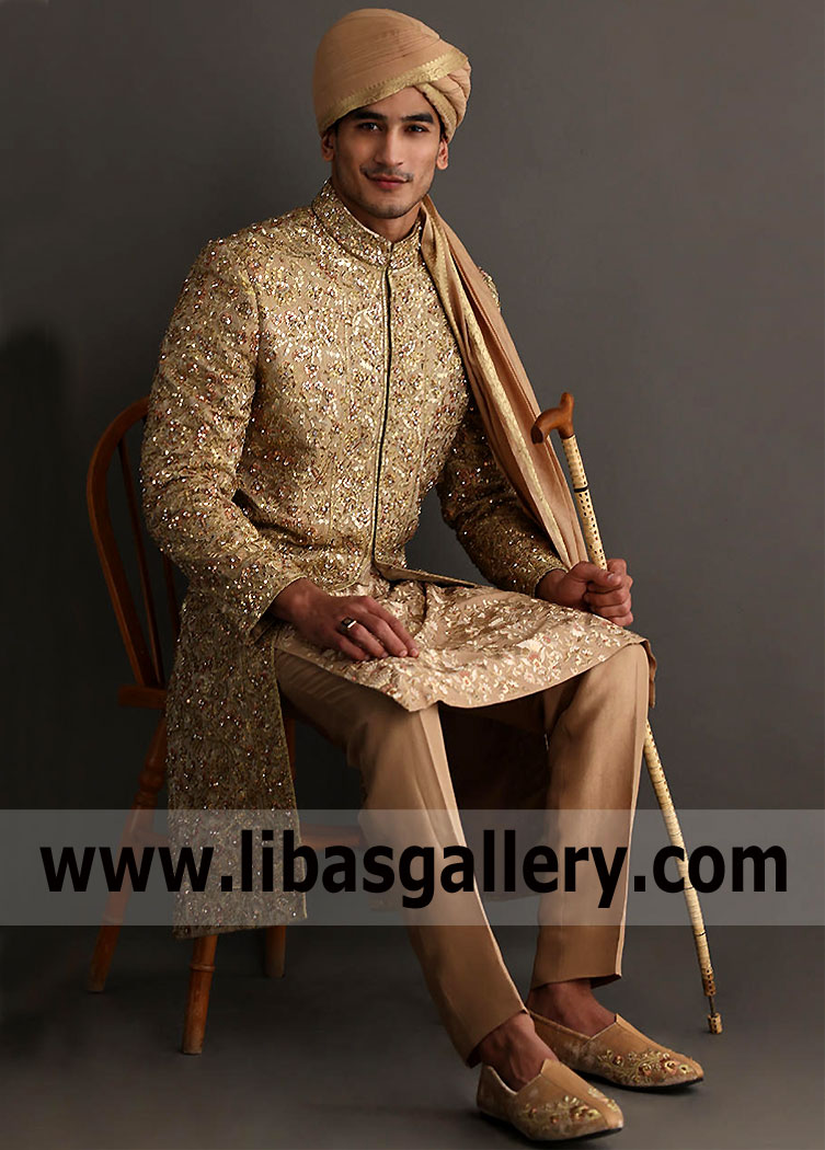 Regal and Glitzy Open Style Rose Gold Embellished Men Wedding Sherwani Suit for Nikah Barat with turban matching and inner London Perth Toronto Michigan Dubai