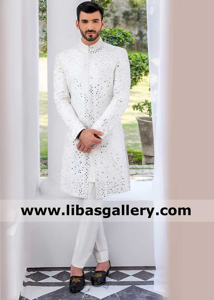Latest Open Style Men White Embroidered Wedding Sherwani with Beautiful Mirror Work Detail paired with inner suit Dubai UK USA Canada Australia France