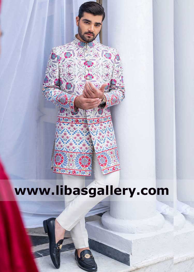 Short length White Men sherwani with Multi colors pattern like Arabic and Sindhi Culture Style paired with white Trouser Qatar Kuwait Oman Saudi Arabia
