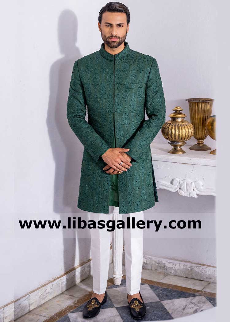 Emerald Green Short length Men Embellished Wedding Sherwani Emerald Dabka kora hand work detail paired with white trouser UK USA Australia Dubai