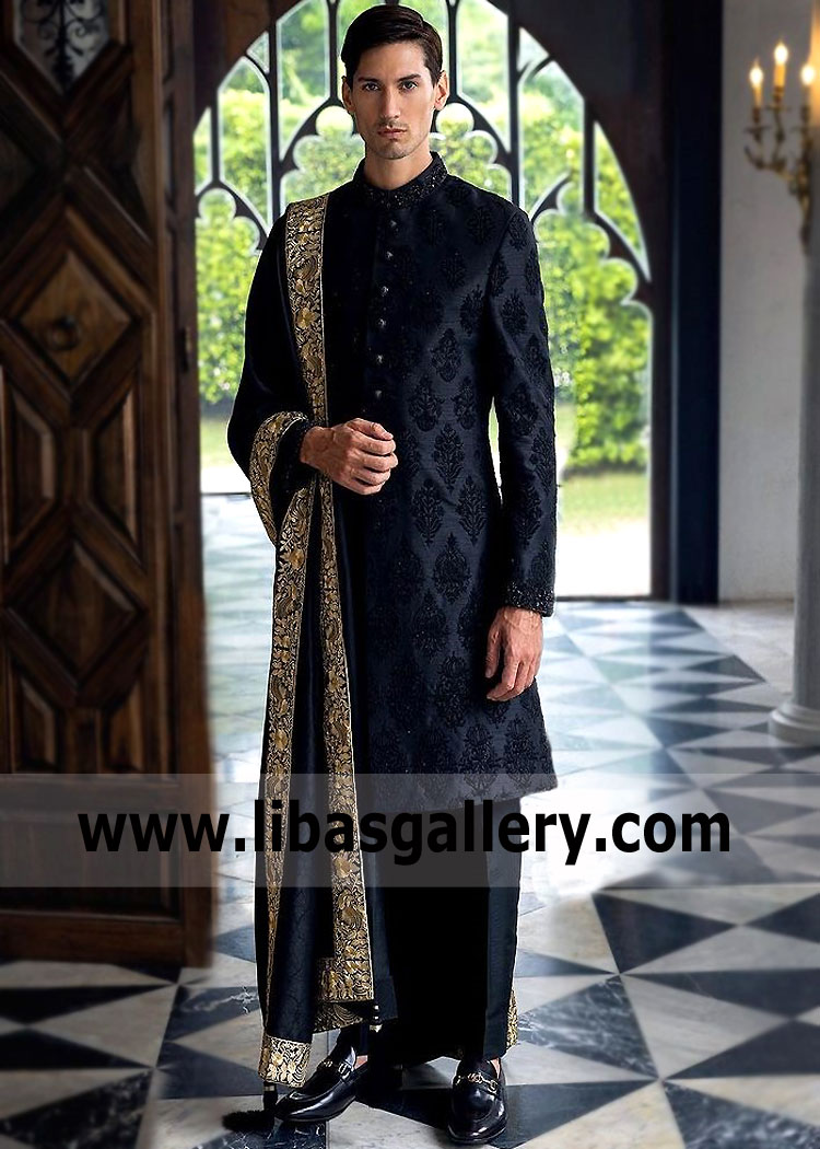 Men Black Sherwani with hand embellished Motifs detail by Kora dabka beads crystals for Wedding paired with black gold embroidered shawl Perth London California Dubai