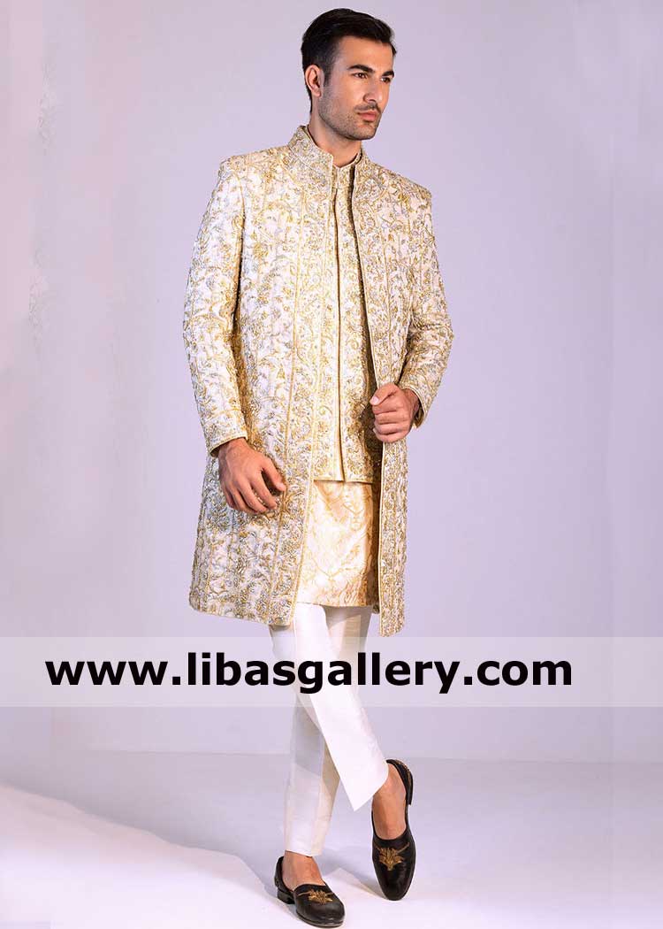 Grand Front Open Style Men Ivory Embellished Wedding Sherwani Jacket Style with Inner Waist coat and Embroidered Kurta UK USA Canada Australia Dubai 