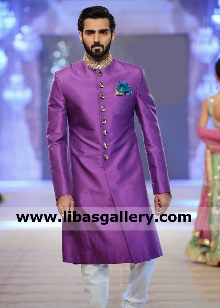 Royal Purple Raw Silk Men Wedding Sherwani Gold Hand Embellished Collar Stones Crystal Kora 