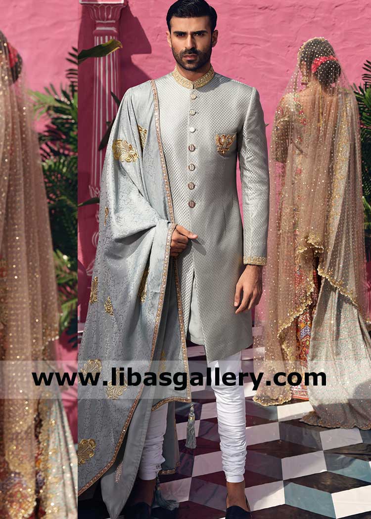 Silver Self Embossed Base gold handcrafted collar Men Sherwani Style with Jamawar matching shawl gold embroidery border and inner France New Zealand Singapore,