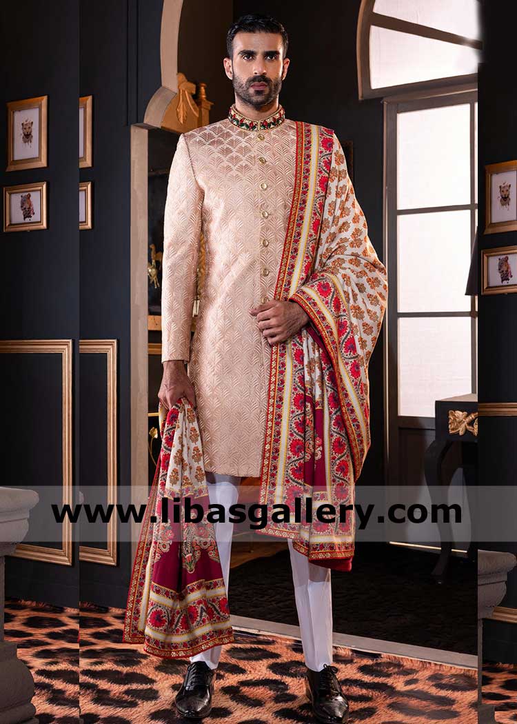Rose Gold Self Embroidered Men Wedding Sherwani with distinct Colored Stones hand embellished collar paired with Printed Shawl and Inner Toronto London California Dubai