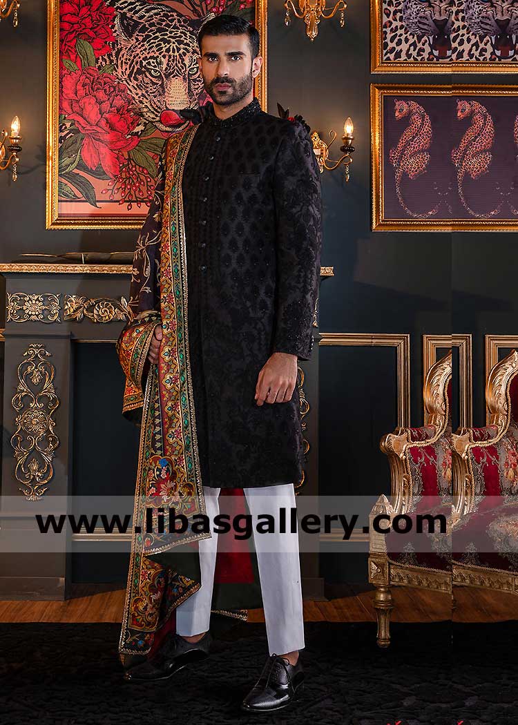 black raw silk men sherwani with black intricate light weight beautiful volume thread embroidery compliment with pajama and shawl Washington New york Sugarland USA