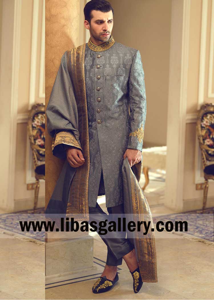 Smart nice Groom wearing Gray sherwani with ash gray embroidery and gold kora dabka hand embellishment on collar and sleeves add groom shawl UK USA Qatar Canada