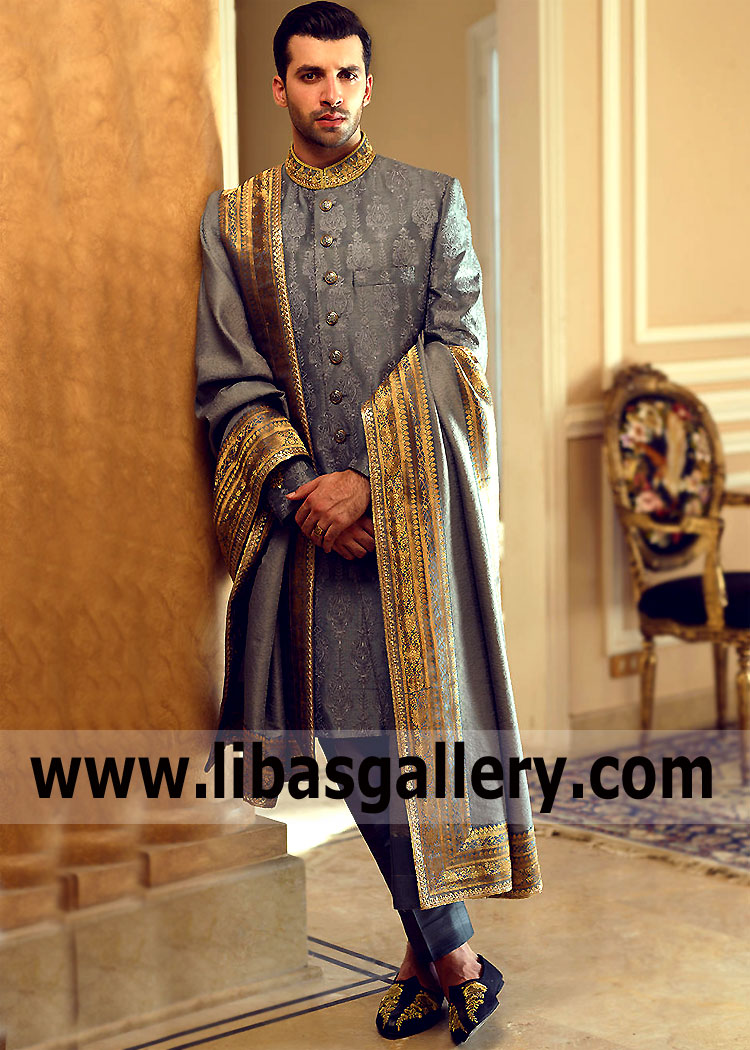 Smart nice Groom wearing Gray sherwani with ash gray embroidery and gold kora dabka hand embellishment on collar and sleeves add groom shawl UK USA Qatar Canada