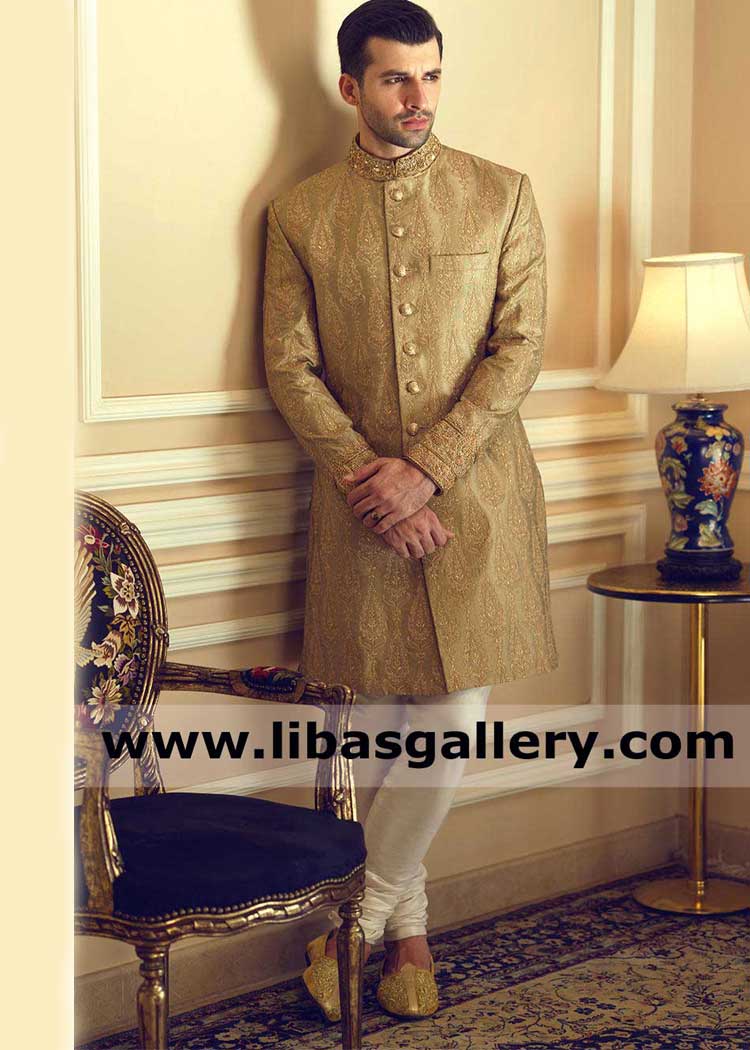 Embroidered Gold Wedding Sherwani Suit for Men Munsif Ali khan wearing gold hand embellished cuff collar sleek buttons Charlotte Lexington El Paso USA