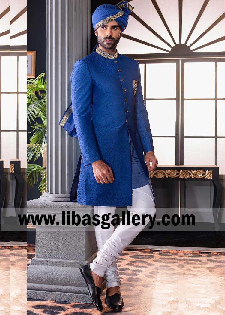 Blue short length Jamawar Gold hand embellished Collar Men Nikah Sherwani Style with matching embroidered border shawl and turban dubai Abu dhabi Sharjah UAE